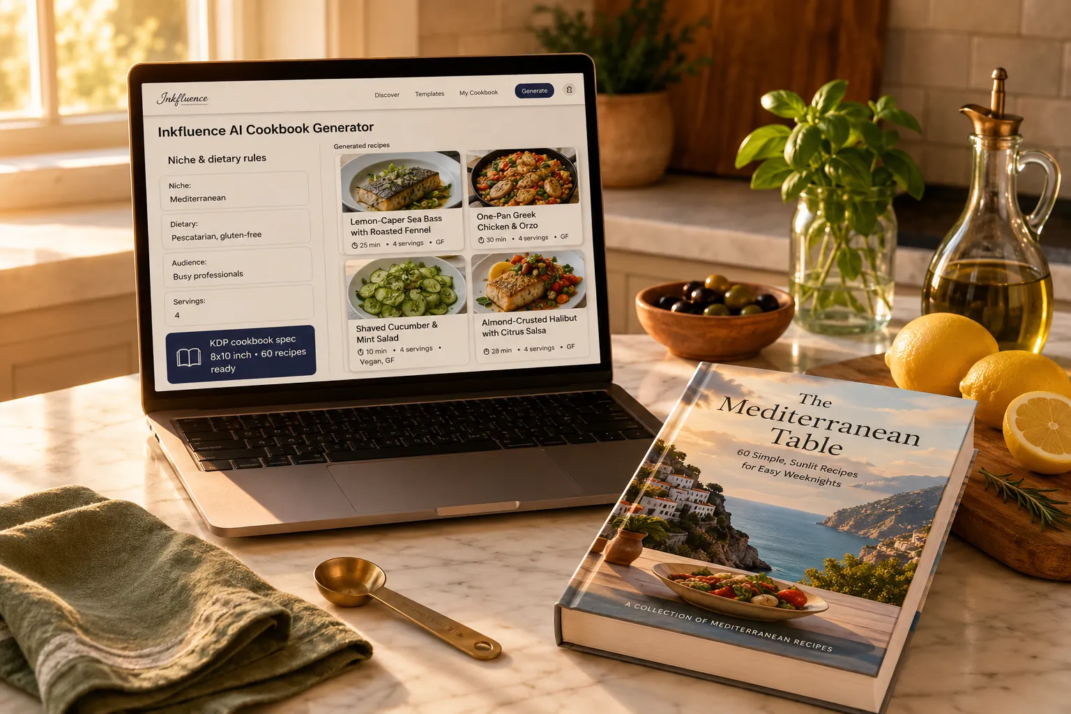 A warm sunlit kitchen counter at golden hour. A laptop on a white marble counter displays the Inkfluence AI Cookbook Generator showing a clear split: on the left side, a Niche and dietary rules panel listing Niche Mediterranean, Dietary Pescatarian and gluten-free, Audience Busy professionals, Servings 4. On the right side, four generated recipe cards visible as tiles: Lemon-Caper Sea Bass with Roasted Fennel 25 min 4 servings GF, One-Pan Greek Chicken and Orzo 30 min 4 servings GF, Shaved Cucumber and Mint Salad 10 min 4 servings Vegan GF, and Almond-Crusted Halibut with Citrus Salsa 28 min 4 servings GF. A KDP cookbook spec 8x10 inch 60 recipes ready indicator badge in indigo. Beside the laptop, a printed paperback cookbook proof titled The Mediterranean Table 60 Simple Sunlit Recipes for Easy Weeknights face-up with a warm coastal cover design, a wooden cutting board with fresh lemons and a sprig of rosemary, a small clay bowl of olives, a sage-green linen tea towel folded next to a brushed-brass measuring spoon, a single olive-oil cruet, and a small sprig of basil in a glass jar.