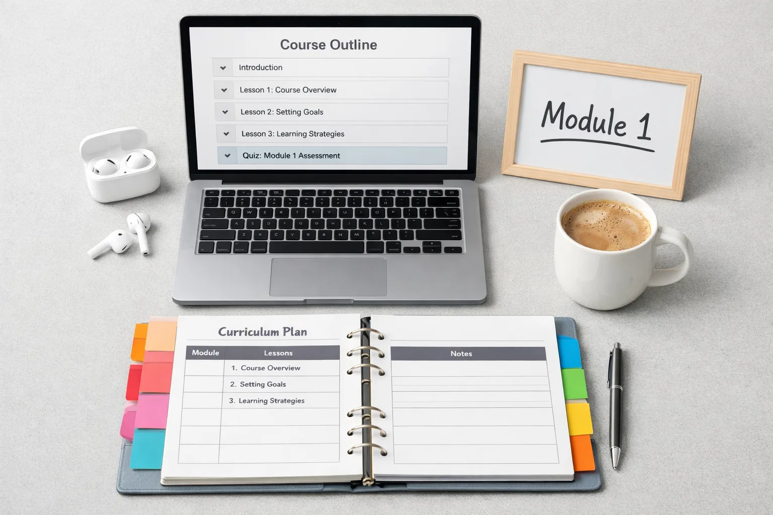 Course creation workspace with a laptop showing a course outline, a curriculum planner with colorful tabs, Module 1 whiteboard, and coffee