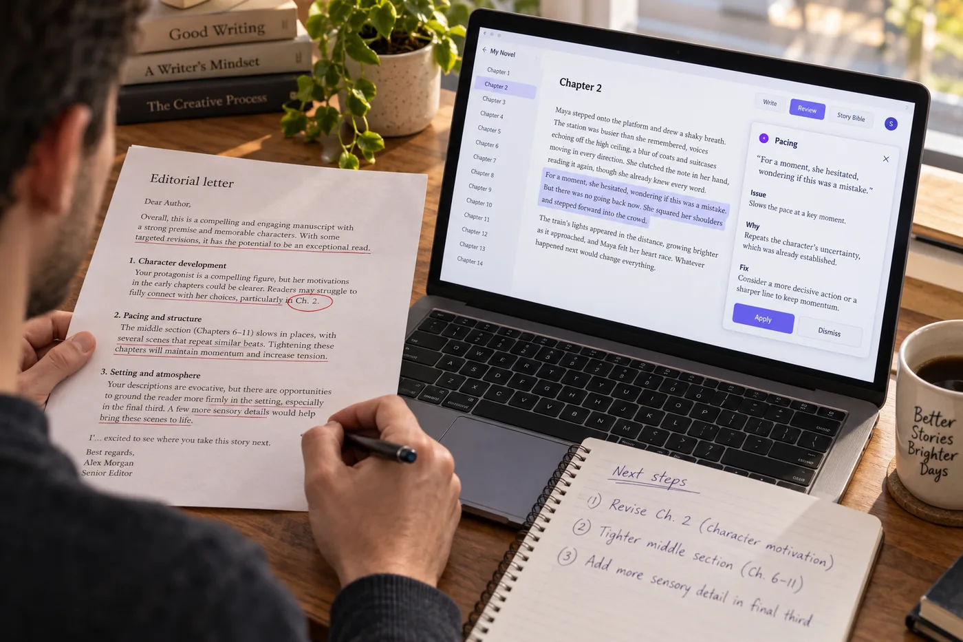 An author at a desk with a printed editorial letter marked in pen, a laptop open on a chapter with a highlighted passage and a rewrite suggestion, and a notebook listing three structural changes.