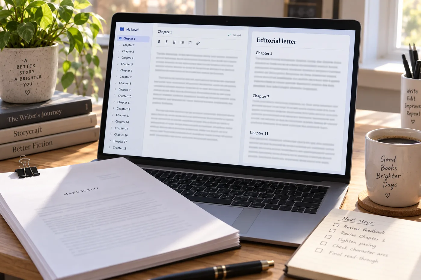 A laptop on a desk showing a book editor with a numbered chapter list on the left and an editorial letter in plain prose on the right that names chapters by number, a coffee and a printed manuscript beside it.