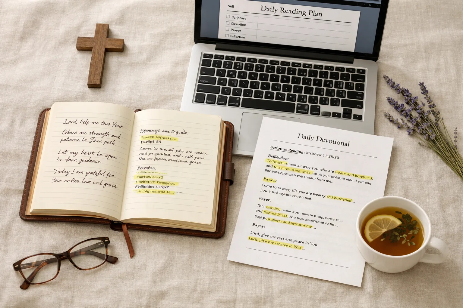 Devotional writing workspace with a leather-bound prayer journal, a printed daily devotional with scripture references, a laptop showing a daily reading plan, a wooden cross, herbal tea, and dried lavender on a linen cloth