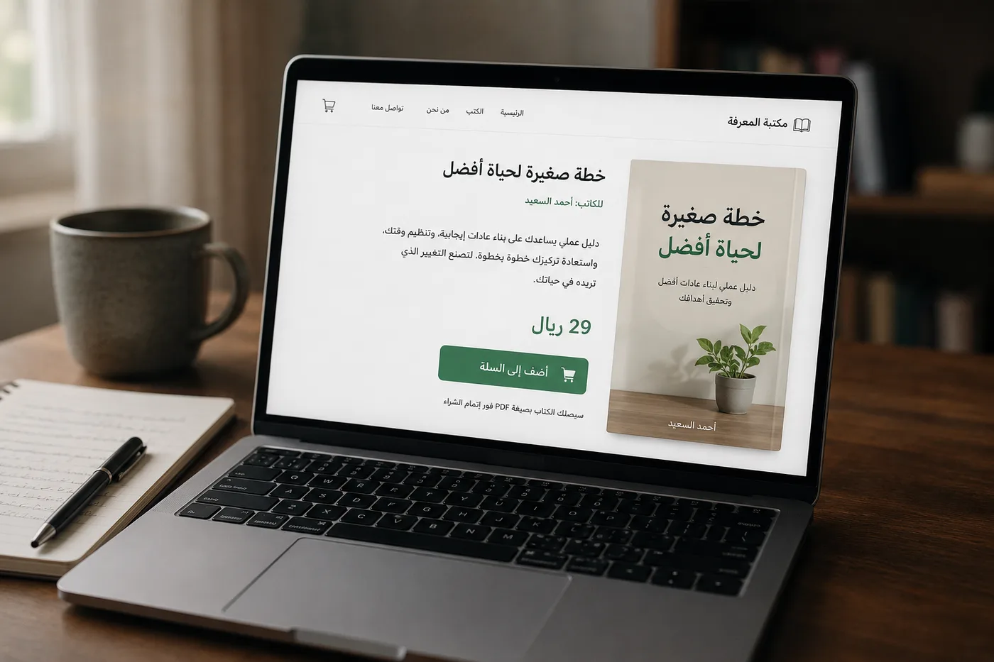 لابتوب على طاولة يعرض صفحة بيع مباشر لكتاب إلكتروني عربي: غلاف الكتاب في اليمين، وعنوان ونبذة قصيرة وسعر بالريال وزر شراء أخضر، الصفحة كلها باتجاه من اليمين إلى اليسار، وبجانب اللابتوب دفتر وقلم.