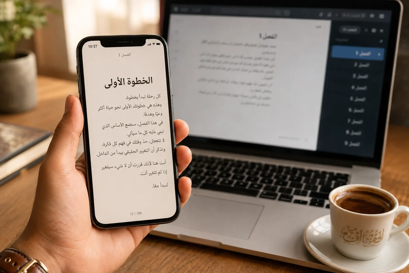 هاتف بيد شخص يعرض كتابًا إلكترونيًا عربيًا مفتوحًا على فصل بعنوان الخطوة الأولى، النص محاذى إلى اليمين، وفي الخلفية لابتوب على مكتب يعرض تطبيق كتابة بالعربية بهيكل فصول في الشريط الجانبي، وفنجان قهوة عربية.