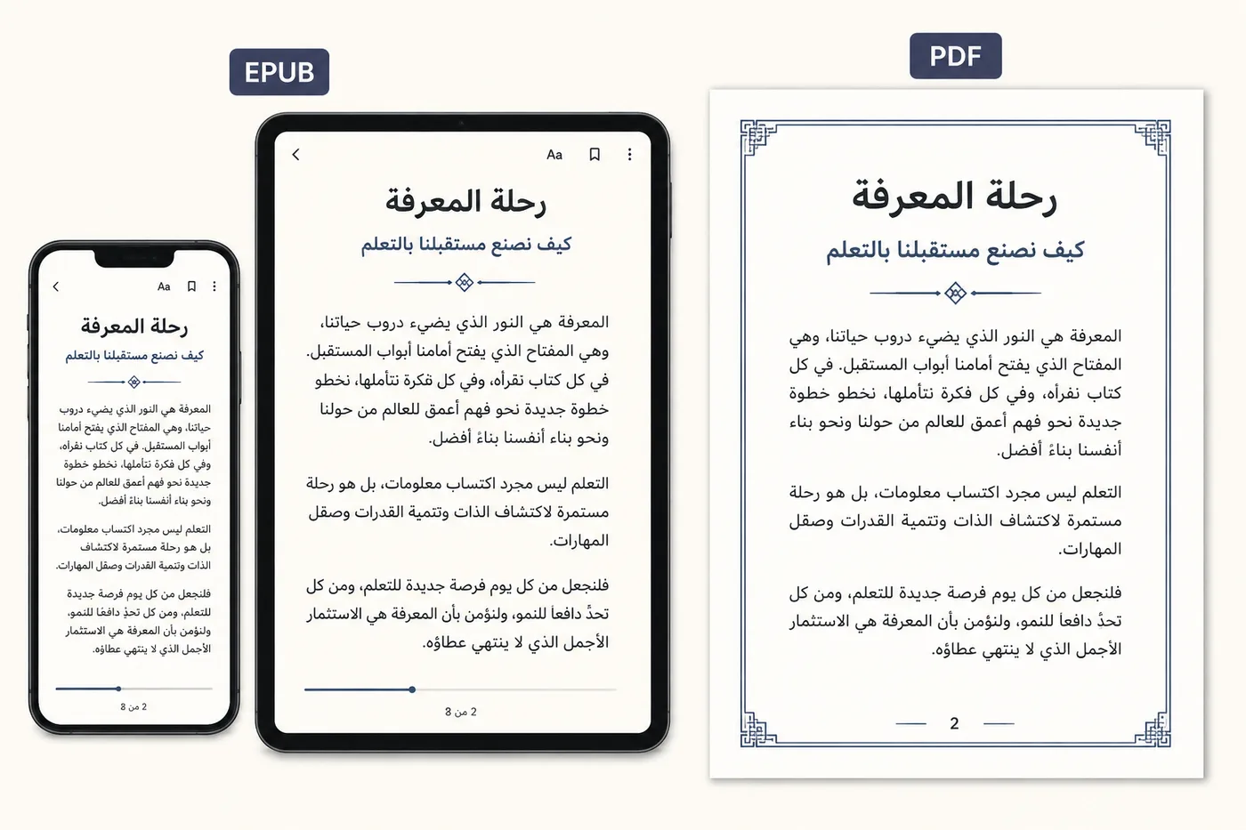 رسم توضيحي على خلفية كريمية: في اليمين صفحة PDF ثابتة بعنوان عربي وهوامش محددة، وفي اليسار الصفحة نفسها بصيغة EPUB على شاشة هاتف وشاشة لوحية بحجمي خط مختلفين، والنص في الاثنين محاذى إلى اليمين، مع تسميتي PDF وEPUB.