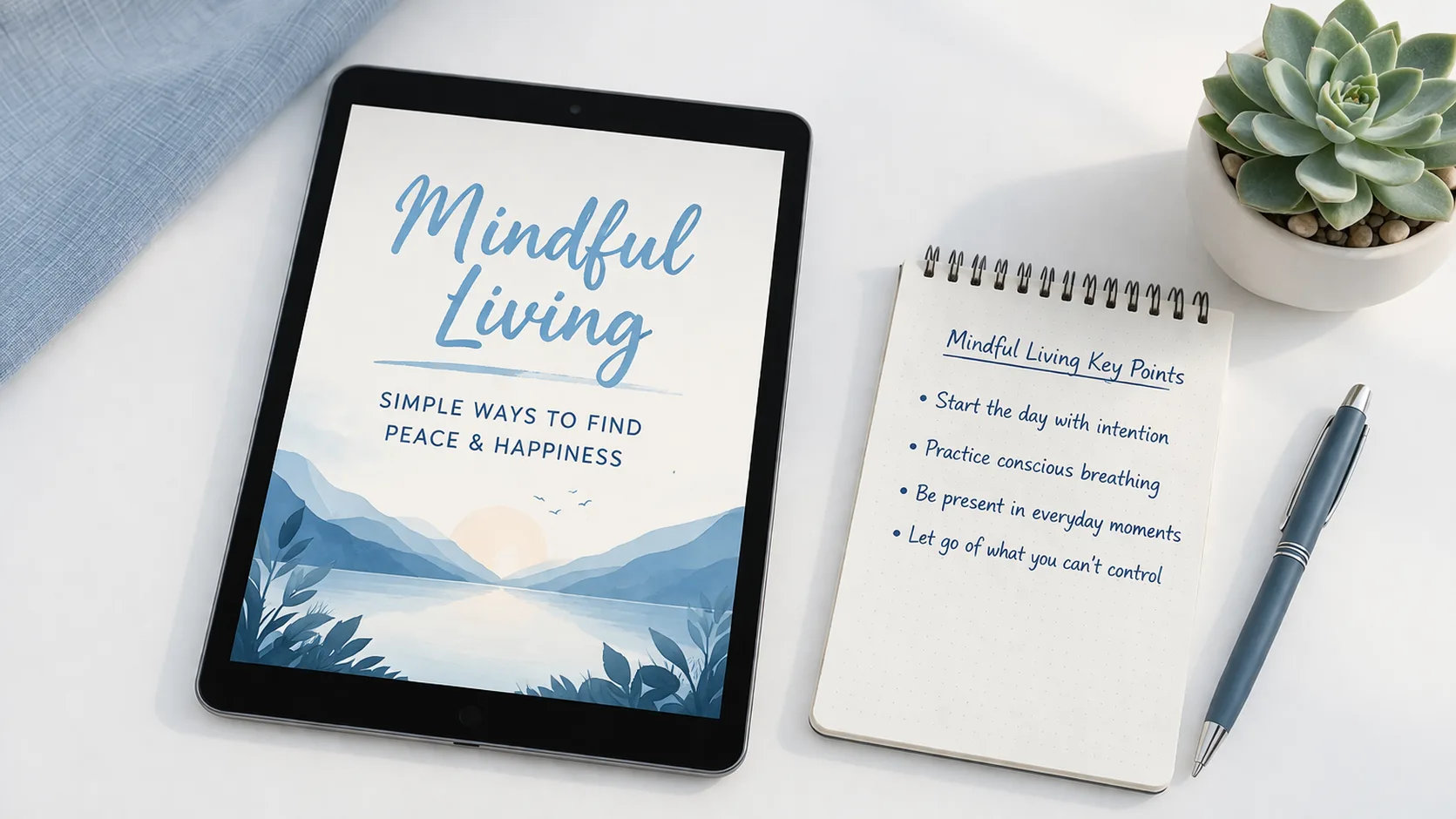 Creating a free AI ebook on a minimal desk setup with notebook and coffee