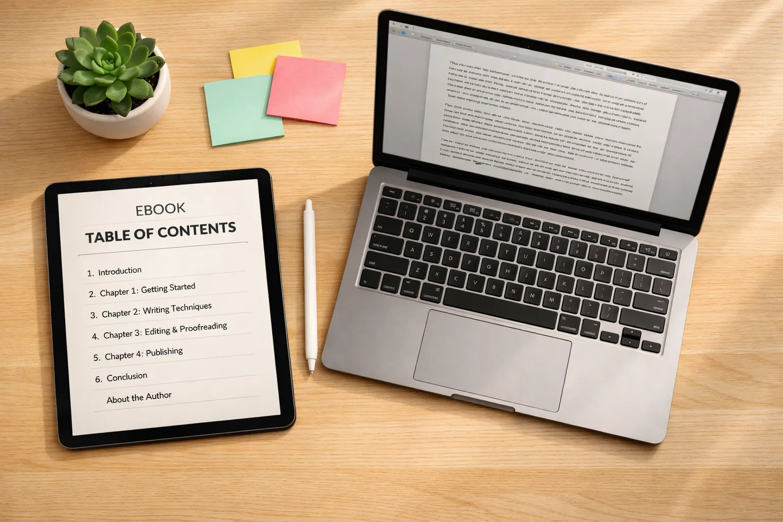 Ebook creation workspace with an iPad showing a table of contents and a laptop with a manuscript open