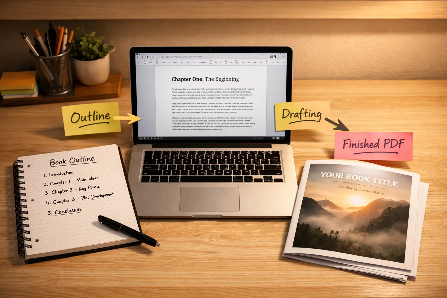 AI ebook workflow pipeline from outline to published book on a creative workspace