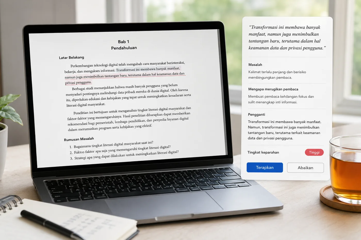 Laptop di meja terang yang menampilkan naskah berbahasa Indonesia, dengan kartu temuan di sebelah kanan: kutipan di dalam tanda petik, baris Masalah, Mengapa merugikan pembaca, dan Pengganti, sebuah lencana tingkat, dan dua tombol Terapkan dan Abaikan.