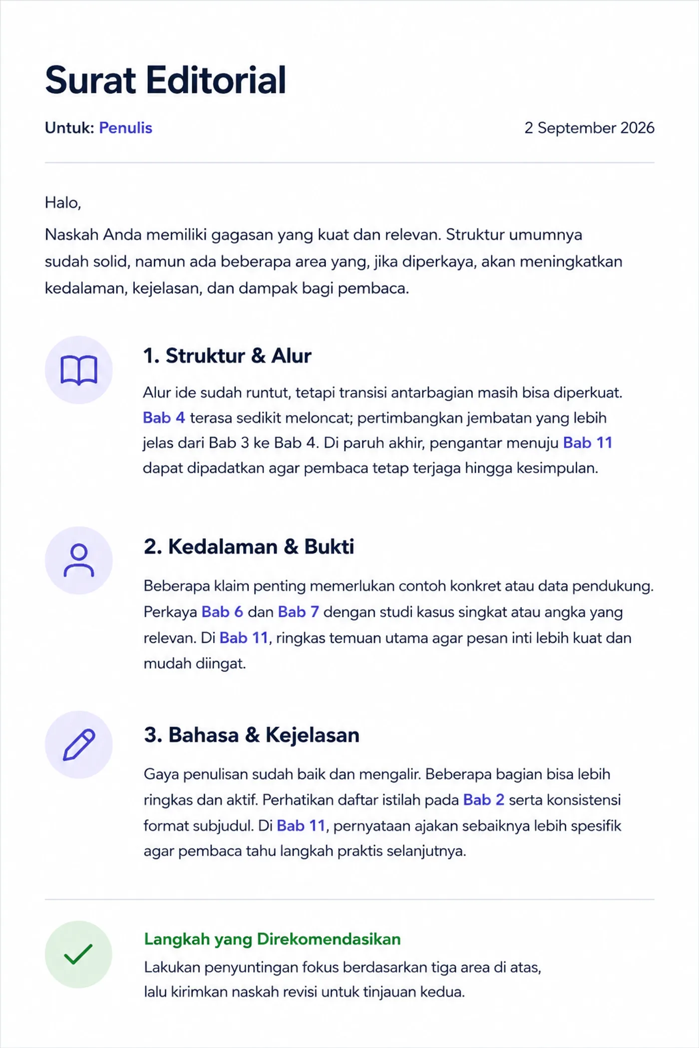 Layar yang menampilkan surat editorial berbahasa Indonesia: penilaian pembuka yang singkat, tiga paragraf berjudul tema dengan rujukan ke bab bernomor, dan baris terakhir yang menyebutkan langkah yang disarankan, dalam tata letak yang bersih.