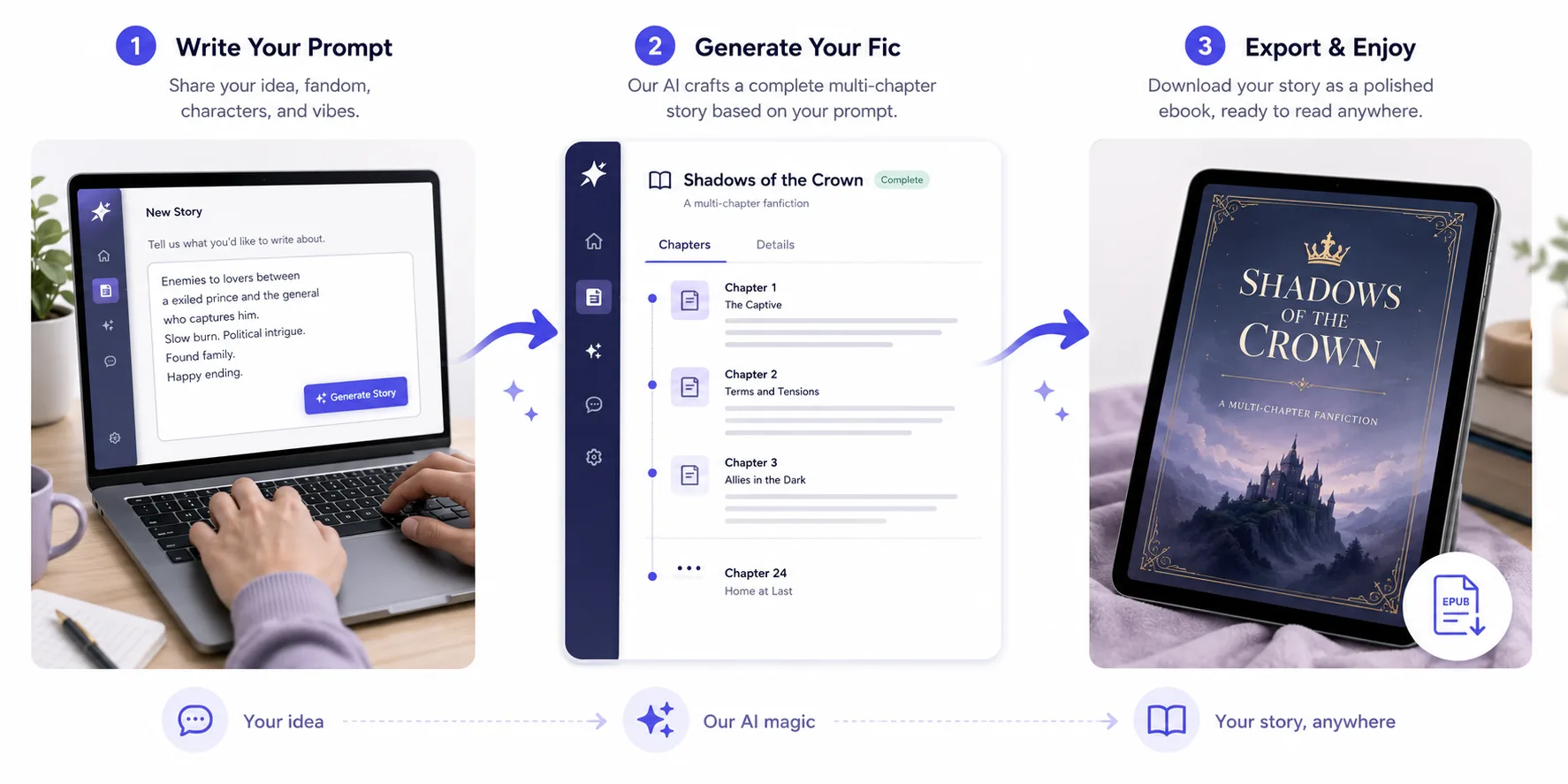 Infographic showing three stages: a hand typing a fanfiction prompt into a laptop, an arrow to a screen showing a generated multi-chapter fic with chapter headings, and the finished fic as an ebook on an e-reader.