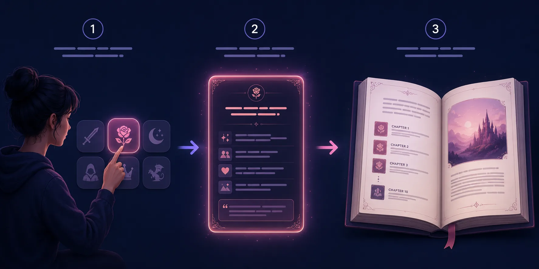 Infographic showing three stages: picking a vibe chip, a rich prompt card appearing, and that prompt becoming an open multi-chapter book.