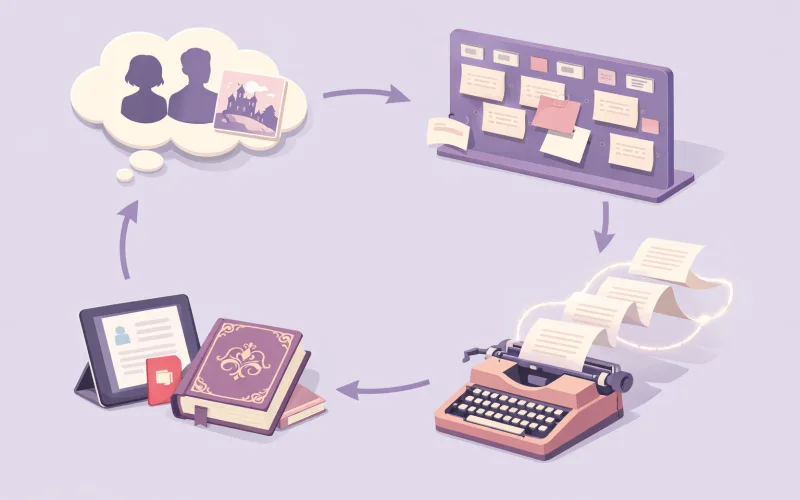 AI fanfiction writing workflow showing four steps from premise to finished fic