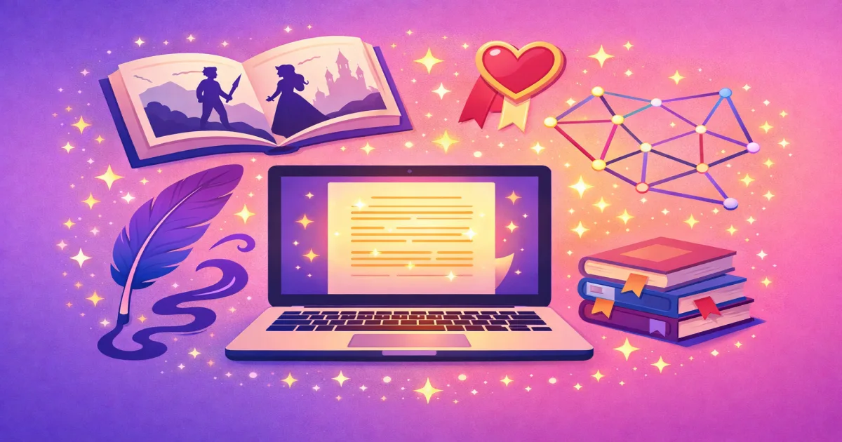 AI fanfiction writer showing a laptop with a glowing manuscript, quill pen, and story elements