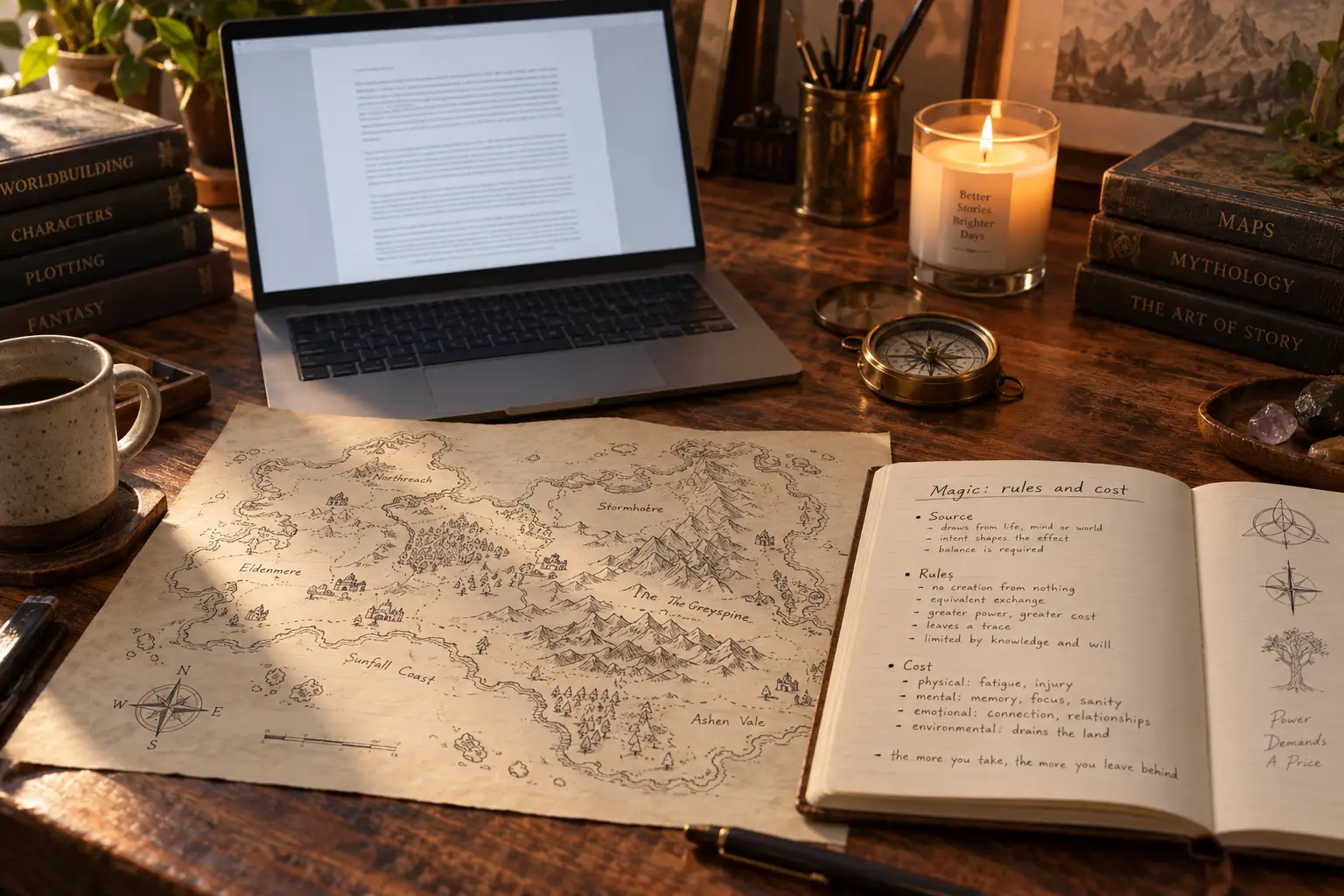 A writer's desk with a laptop showing a fantasy manuscript beside a hand-drawn map of an invented continent, a notebook of magic rules, a brass compass and a candle