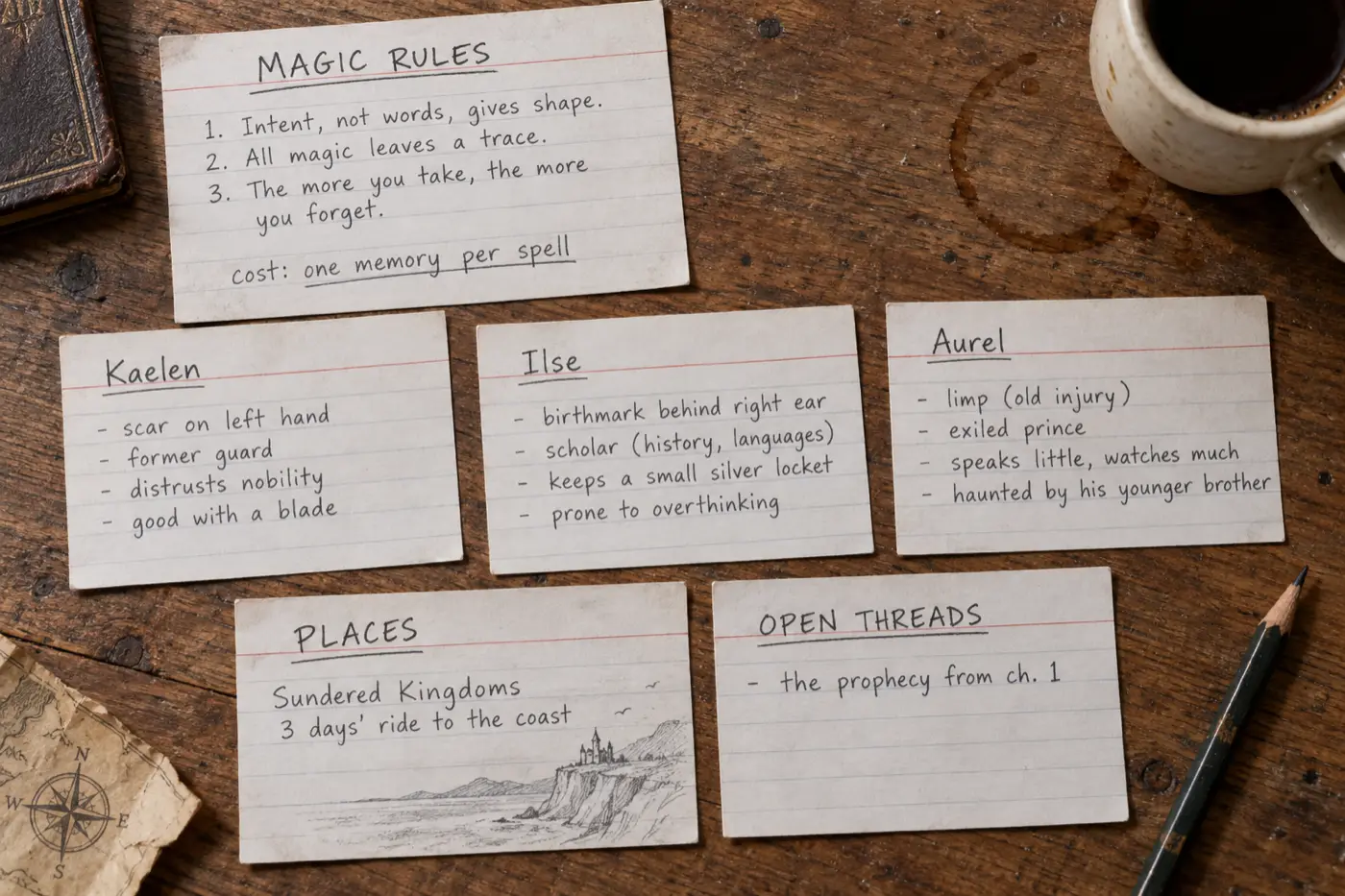A story bible laid out as index cards on a wooden table: a magic rules card, three character cards with names and scars noted, a place card with travel distances, and an open threads card listing a prophecy