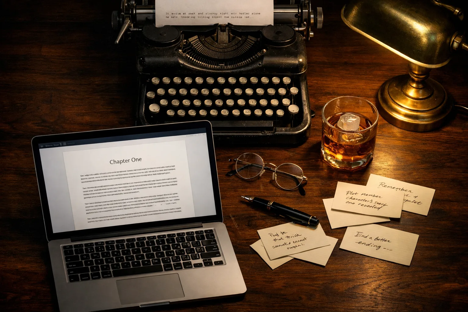 Moody ghostwriter workspace with a vintage typewriter, a laptop showing Chapter One, handwritten plot notes, wire-rim glasses, a fountain pen, whiskey glass, and brass desk lamp