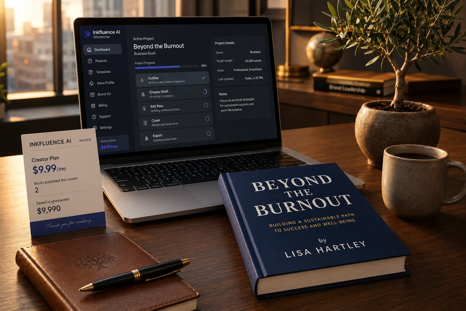 A warm modern office at golden hour. A laptop on a clean walnut desk displays the Inkfluence AI Ghostwriter project dashboard with an active business book project titled Beyond the Burnout at 68% progress, sections for Outline, Chapter Draft, Edit Pass, Cover, and Export, and a Subscription $9.99/mo indicator in indigo. Beside the laptop: a finished hardback book titled BEYOND THE BURNOUT, Building a Sustainable Path to Success and Well-Being, by Lisa Hartley, in a deep navy cover. A subscription invoice card showing Inkfluence AI Creator Plan $9.99/mo, books published this month 2, saved versus ghostwriter $9,990. A stoneware coffee mug, a leather-bound business journal with a fountain pen, and a small olive tree branch in a clay pot.