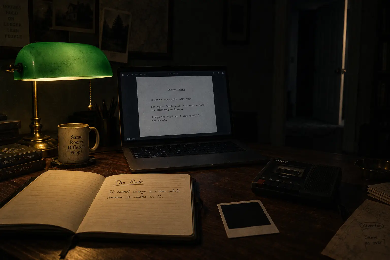 A writing desk at night lit by a single green banker's lamp: a laptop with a manuscript page, an old cassette recorder, a Polaroid of an empty hallway face down, and a notebook open to a page headed The Rule with one line written on it