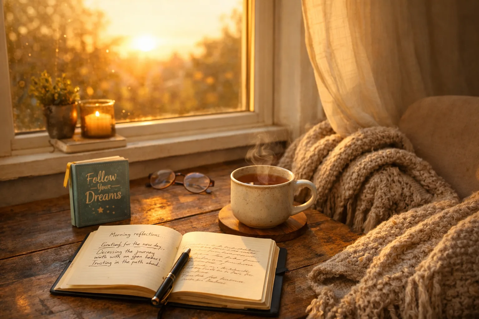 Writing an inspirational book at a peaceful sunrise desk with journal and warm lighting
