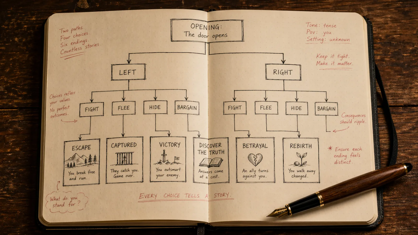 Top-down close-up of an open notebook spread showing a hand-drawn interactive fiction branching flowchart with an OPENING box at the top, two paths labeled LEFT and RIGHT, four sub-branches labeled FIGHT, FLEE, HIDE, and BARGAIN, and six distinct ending outcomes labeled ESCAPE, CAPTURED, VICTORY, DISCOVER THE TRUTH, BETRAYAL, and REBIRTH, with handwritten annotations in the margins noting 'Two paths, four choices, six endings, countless stories' and 'Every choice tells a story', demonstrating the classic gamebook scaffolding that underpins choose-your-own-adventure novels and branching interactive fiction.