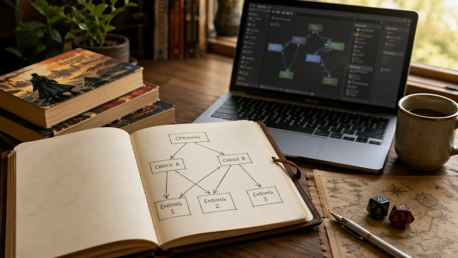 A novelist's desk with an open leather notebook showing a hand-drawn branching story flowchart labeled OPENING, CHOICE A, CHOICE B, and ENDING 1-3 connected by arrows, alongside a laptop displaying a blurred interactive-fiction editor interface, a stack of vintage gamebook-style paperback novels, a mechanical pencil, a ceramic coffee mug, and a pair of polyhedral dice on a hand-drawn treasure map, illustrating the plotting process for interactive fiction and choose-your-own-adventure novels in 2026.