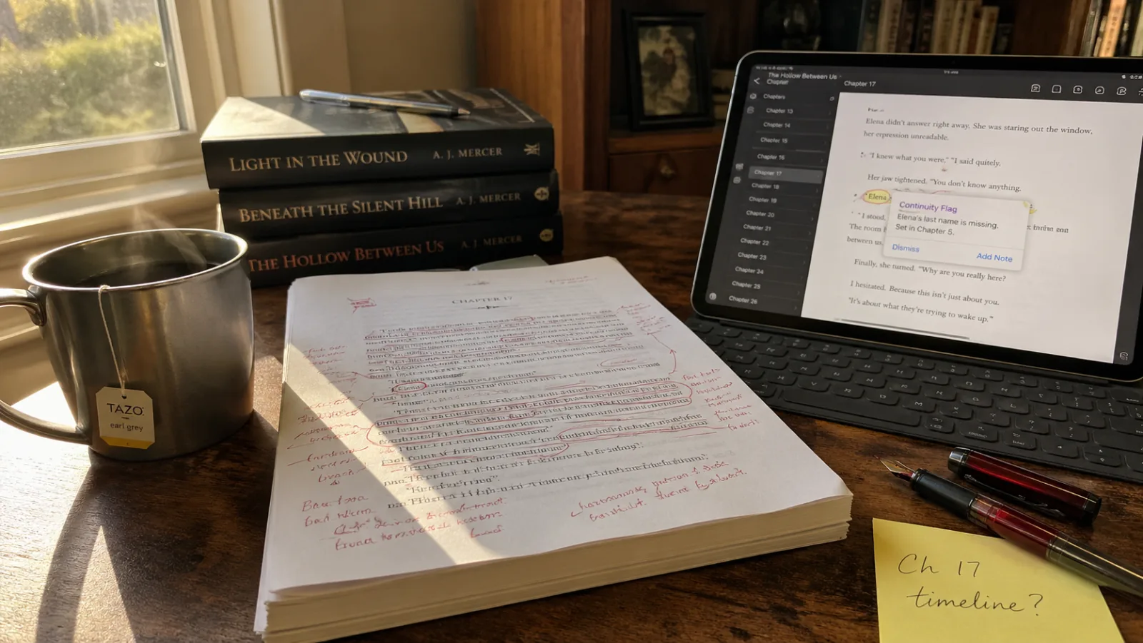 A novelist's home editing desk photographed in warm afternoon window light, showing a printed manuscript covered in red-pen edits and a tablet beside it displaying a chapter editor with a continuity-flag tooltip pointing to a character name, with a stack of hardcover novels, a steel mug of tea, a fountain pen, and a sticky note reading 'Ch 17 timeline?' in cursive on the wooden desk surface, illustrating the post-draft novel editing workflow.
