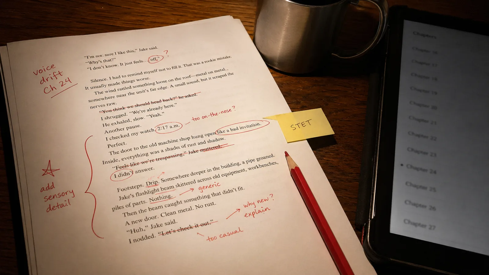 Top-down view of a printed novel manuscript heavily marked with red pen edits, a margin note reading 'voice drift Ch 24', circled passages, struck-through dialogue lines, a small sticky note pointing at a paragraph with the word 'STET', a steel coffee mug, a sharpened red pencil, and a tablet partially visible at the edge of the frame showing a chapter list, photographed under warm overhead lamp light to evoke a late-night editing session.