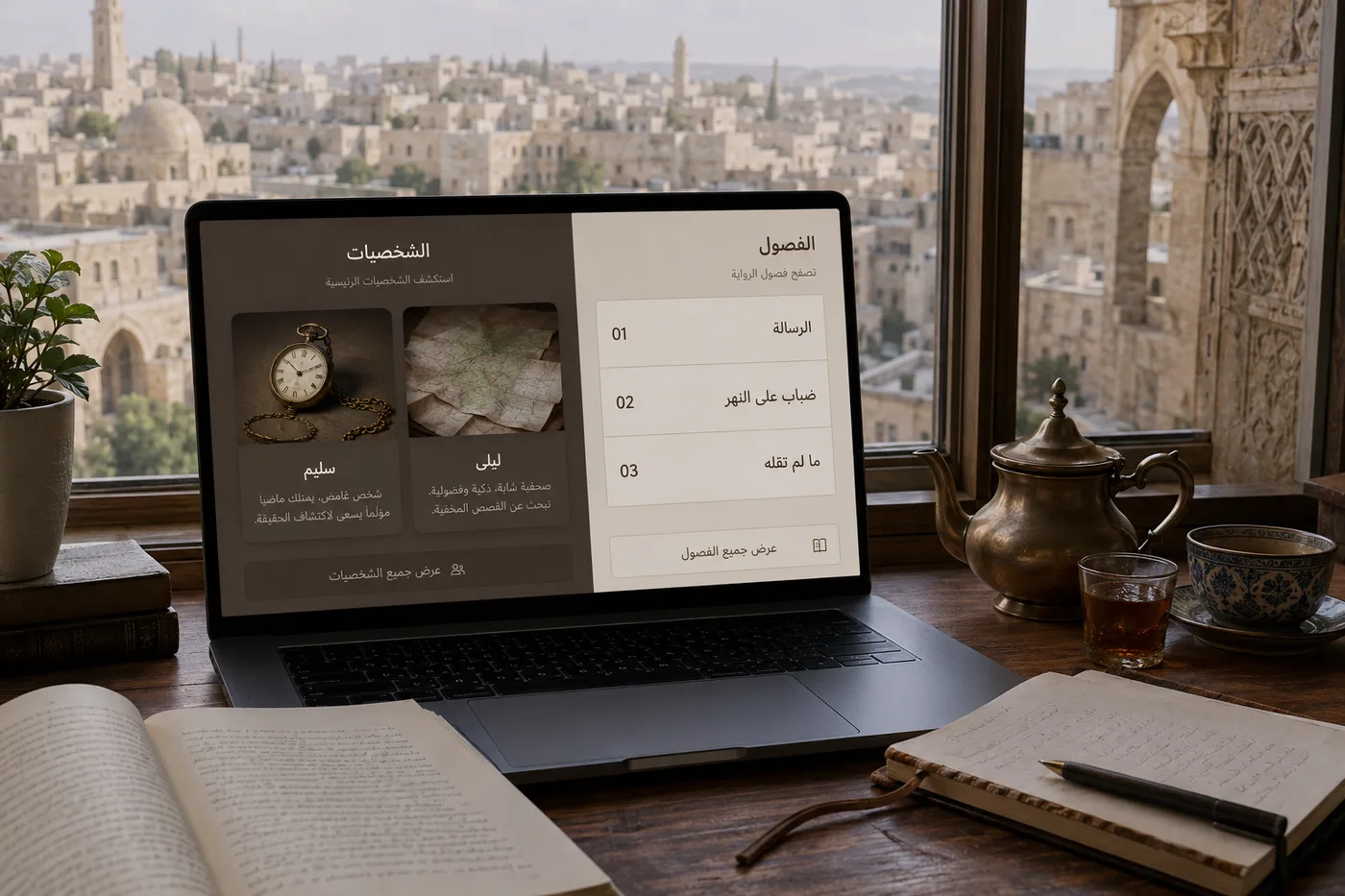 مكتب قرب نافذة تطل على مدينة عربية قديمة، عليه لابتوب يعرض تطبيق رواية بالعربية: في اليمين قائمة فصول مرقمة بعناوين مثل الرسالة، ضباب على النهر، ما لم تقله، وفي اليسار لوحة كتاب الشخصيات ببطاقتين. بجانبه رواية مفتوحة وإبريق شاي ودفتر.
