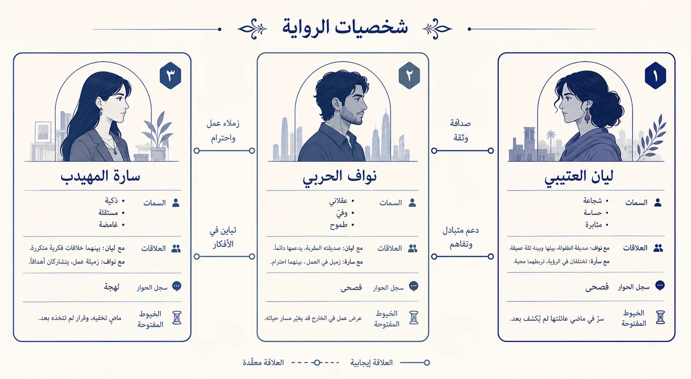ثلاث بطاقات شخصيات لرواية عربية على خلفية فاتحة: في كل بطاقة الاسم وثلاث سمات وعلاقاتها بالشخصيات الأخرى وسطر يحدد سجل حوارها فصحى أم لهجة وحقل الخيوط المفتوحة، وخطوط رفيعة تصل البطاقات.