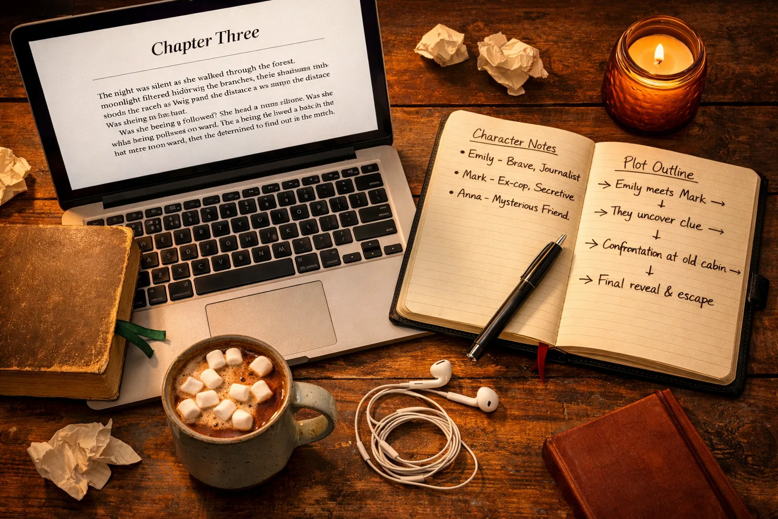 Cosy fiction writer's desk with a laptop showing Chapter Three, a notebook with character notes and plot outline, hot chocolate with marshmallows, earbuds, and a candle on a warm wooden surface