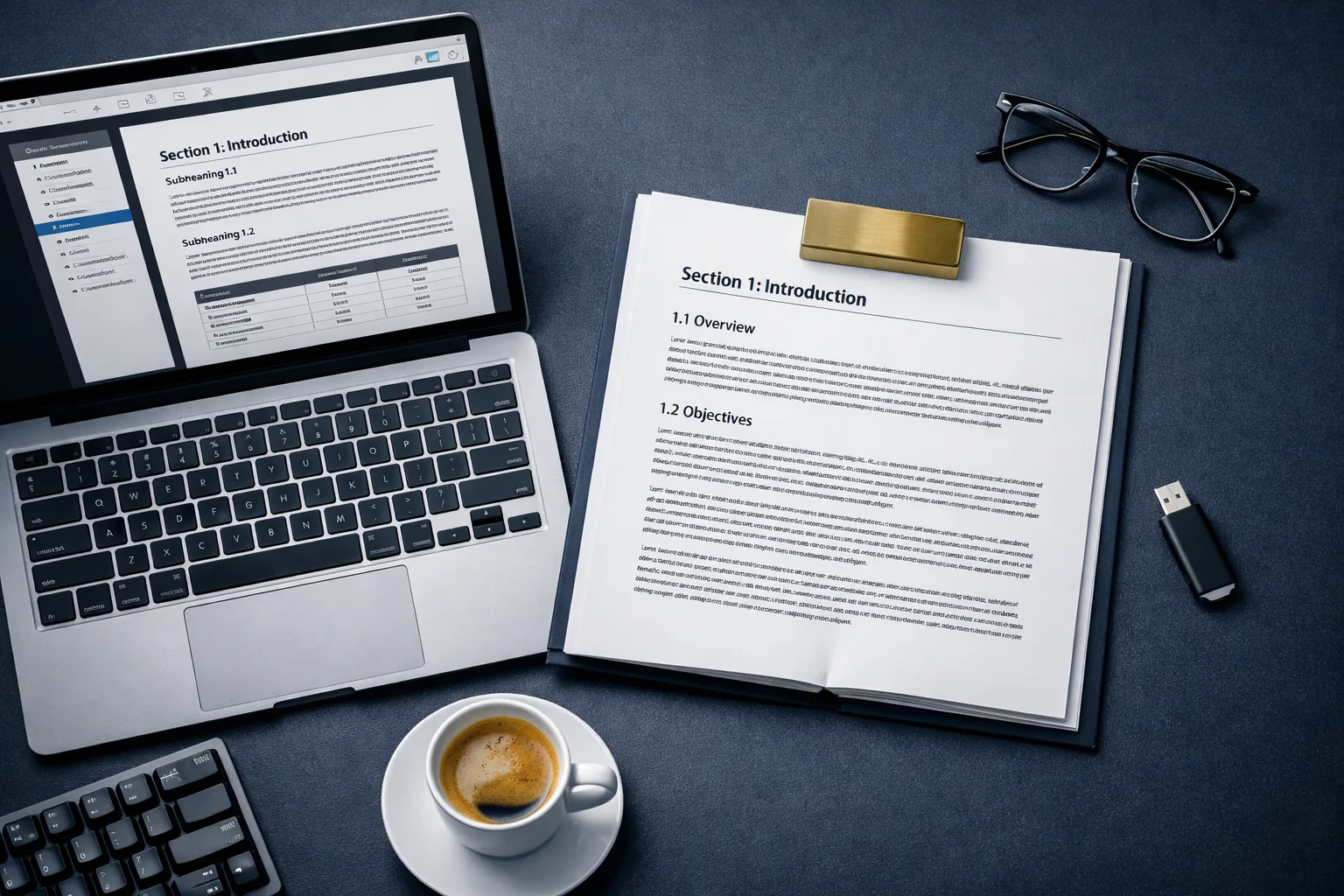 Professional PDF document workspace with a laptop showing a formatted PDF with table of contents, a printed document held by a brass paperweight, espresso, reading glasses, and a USB drive on a dark navy desk