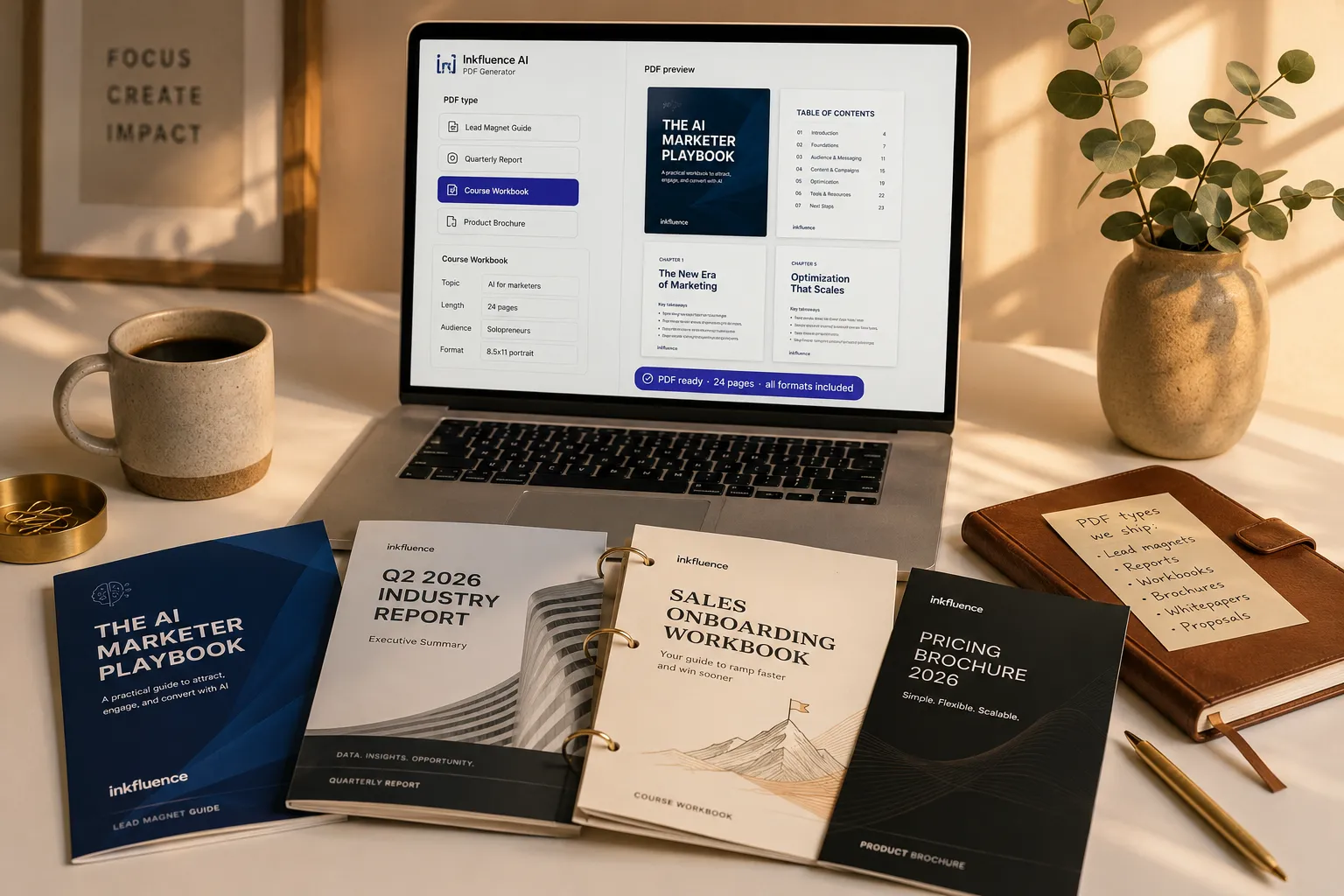 A modern minimalist desk at golden hour. A laptop on a clean white walnut desk displays the Inkfluence AI PDF Generator with a clear split: on the left a PDF type selector showing 4 highlighted options (Lead Magnet Guide, Quarterly Report, Course Workbook selected, Product Brochure) with nested inputs (Topic AI for marketers, Length 24 pages, Audience Solopreneurs, Format 8.5x11 portrait). On the right a live preview of the generated PDF showing The AI Marketer Playbook cover, Table of Contents, and Chapter 1 thumbnail. A PDF ready 24 pages all formats included indicator badge in indigo. Beside the laptop: four printed PDF documents fanned out on the desk showing different PDF types (a deep-blue The AI Marketer Playbook lead magnet guide, a corporate-grey Q2 2026 Industry Report executive summary, a warm-cream Sales Onboarding Workbook with binder rings visible, and a sleek black Pricing Brochure 2026), arranged like a designer's portfolio review. A stoneware mug of black coffee, a brushed-brass paper clip holder, a leather-bound notebook with handwritten note PDF types we ship Lead magnets Reports Workbooks Brochures Whitepapers Proposals, and a sprig of eucalyptus in a clay pot.