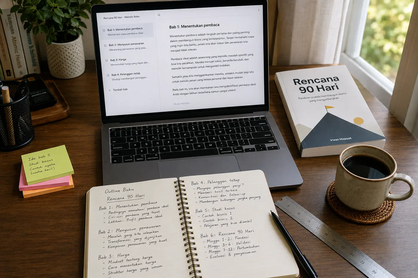 Meja kerja kayu dengan laptop yang menampilkan aplikasi penulisan buku berbahasa Indonesia, daftar bab Menentukan pembaca, Menyusun penawaran, Harga, dan Pelanggan tetap di sisi kiri, di sampingnya buku cetak berjudul Rencana 90 Hari, secangkir kopi, dan buku catatan berisi kerangka bab tulisan tangan.
