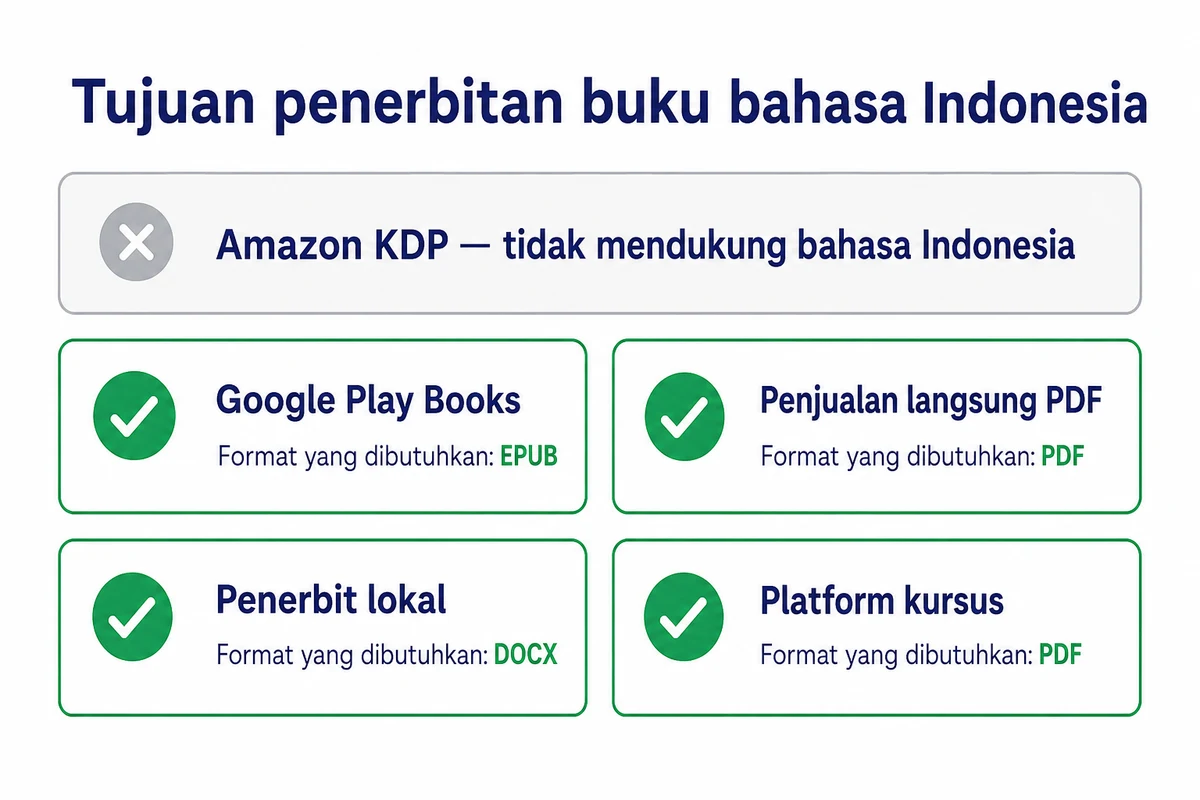 Infografik berjudul Tujuan penerbitan buku bahasa Indonesia. Amazon KDP ditandai silang karena tidak mendukung bahasa Indonesia. Empat tujuan lain ditandai centang beserta format yang dibutuhkan: Google Play Books memerlukan EPUB, penjualan langsung memerlukan PDF, penerbit lokal memerlukan DOCX, dan platform kursus memerlukan PDF.