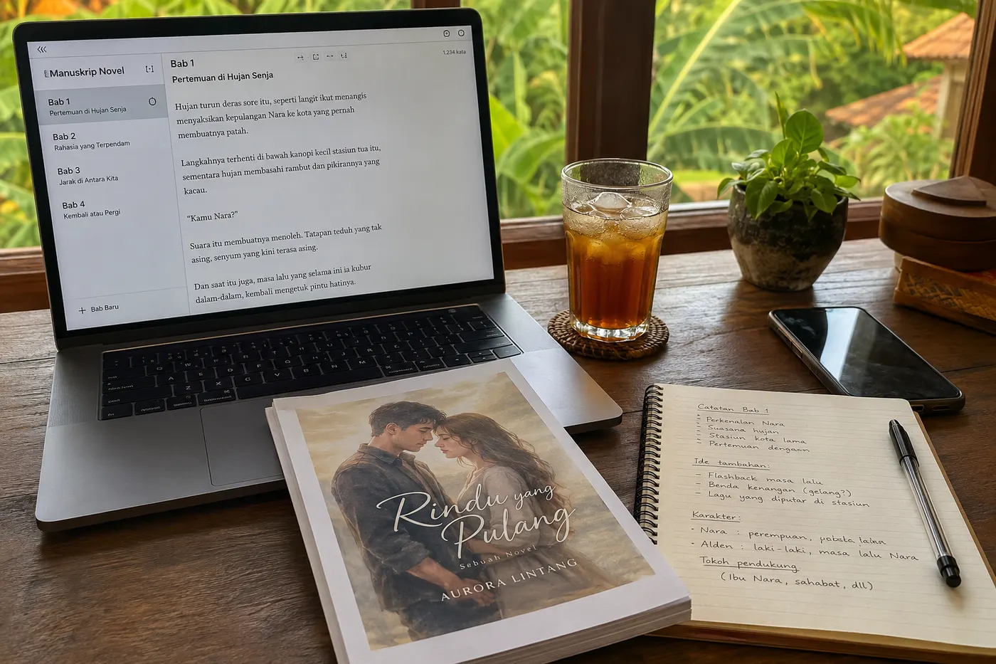Meja kayu di rumah dengan laptop yang menampilkan aplikasi penulisan buku berbahasa Indonesia, daftar Bab 1 sampai Bab 4 di sisi kiri dan naskah novel di panel utama, di sampingnya naskah cetak berjudul Rindu yang Pulang, segelas es teh, dan buku catatan berisi tulisan tangan tentang tokoh dan ide bab.