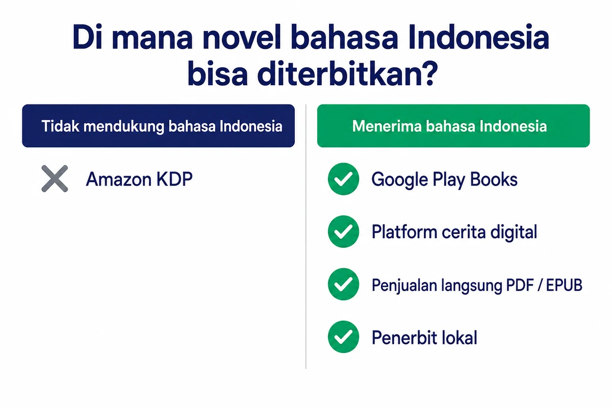 Infografik berjudul Di mana novel bahasa Indonesia bisa diterbitkan. Kolom kiri, tidak mendukung bahasa Indonesia: Amazon KDP. Kolom kanan, menerima bahasa Indonesia: Google Play Books, platform cerita digital, penjualan langsung PDF atau EPUB, dan penerbit lokal.