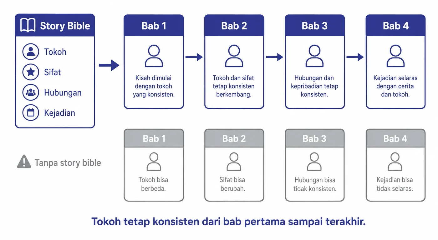 Diagram yang membandingkan dua alur: dengan story bible, data tokoh, sifat, hubungan, dan kejadian dialirkan ke Bab 1 sampai Bab 4 sehingga tokoh tetap konsisten; tanpa story bible, tiap bab berdiri sendiri dan tokoh, sifat, hubungan, serta kejadian bisa berubah.