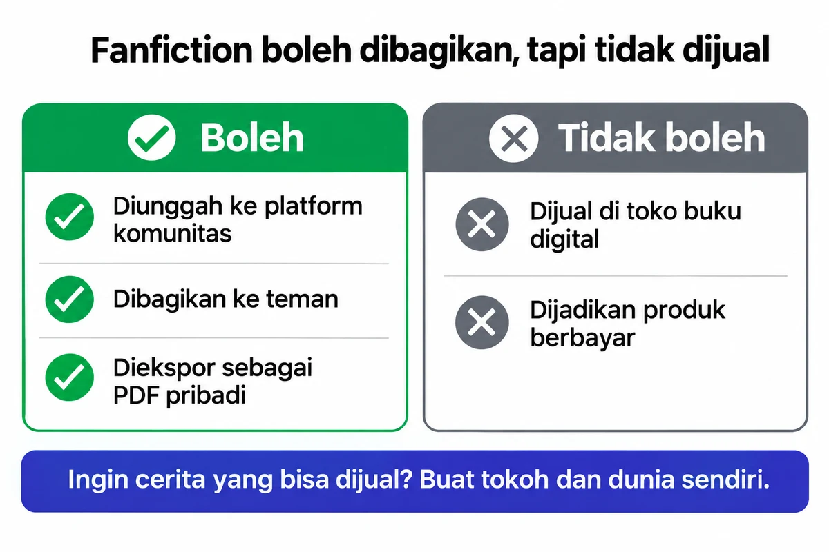 Infografik berjudul Fanfiction boleh dibagikan, tapi tidak dijual. Kolom boleh: diunggah ke platform komunitas, dibagikan ke teman, diekspor sebagai PDF pribadi. Kolom tidak boleh: dijual di toko buku digital, dijadikan produk berbayar. Di bawahnya keterangan bahwa untuk cerita yang bisa dijual sebaiknya membuat tokoh dan dunia sendiri.