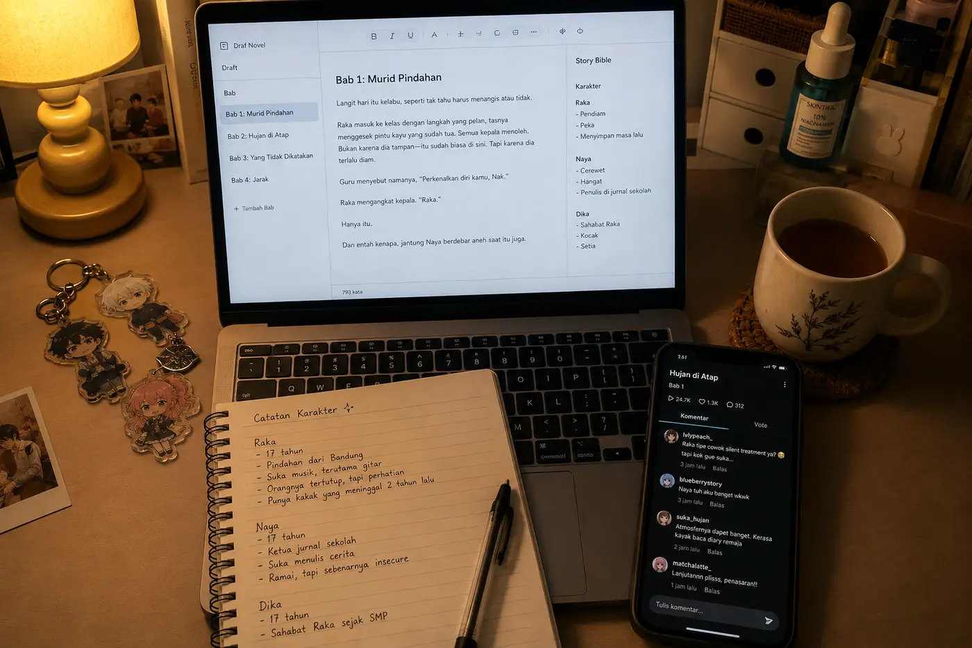 Meja belajar dengan lampu hangat, laptop menampilkan aplikasi penulisan berbahasa Indonesia dengan daftar bab fanfiction dan panel Story Bible berisi sifat tokoh Raka, Naya, dan Dika. Di sampingnya ponsel menampilkan halaman baca fanfic dengan komentar pembaca dalam bahasa Indonesia, buku catatan berisi catatan karakter tulisan tangan, gantungan kunci anime, dan secangkir teh.
