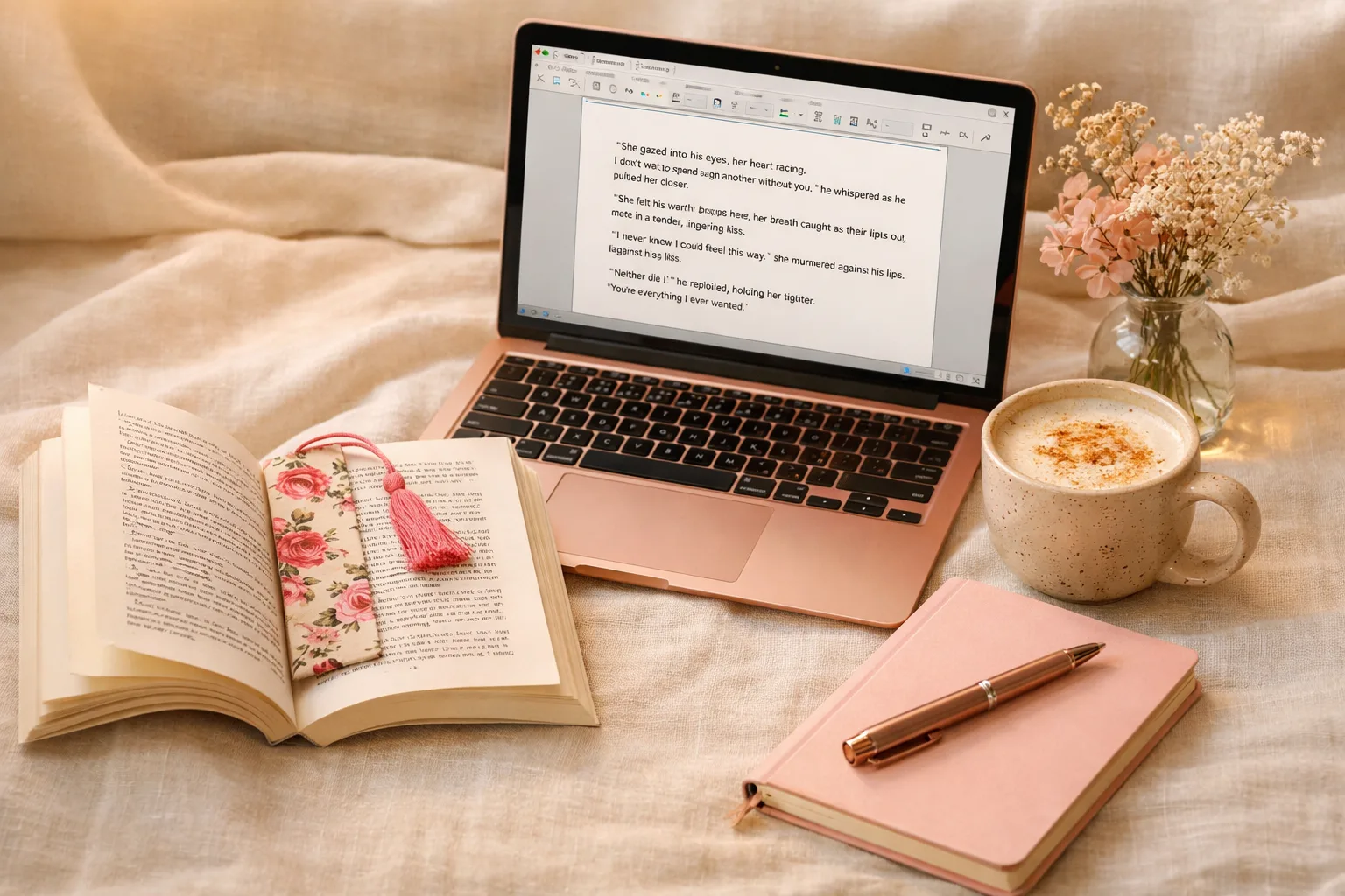 Romantic writing workspace with a rose gold laptop showing a manuscript, an open novel with a floral bookmark, pink journal, and chai latte on cream linen