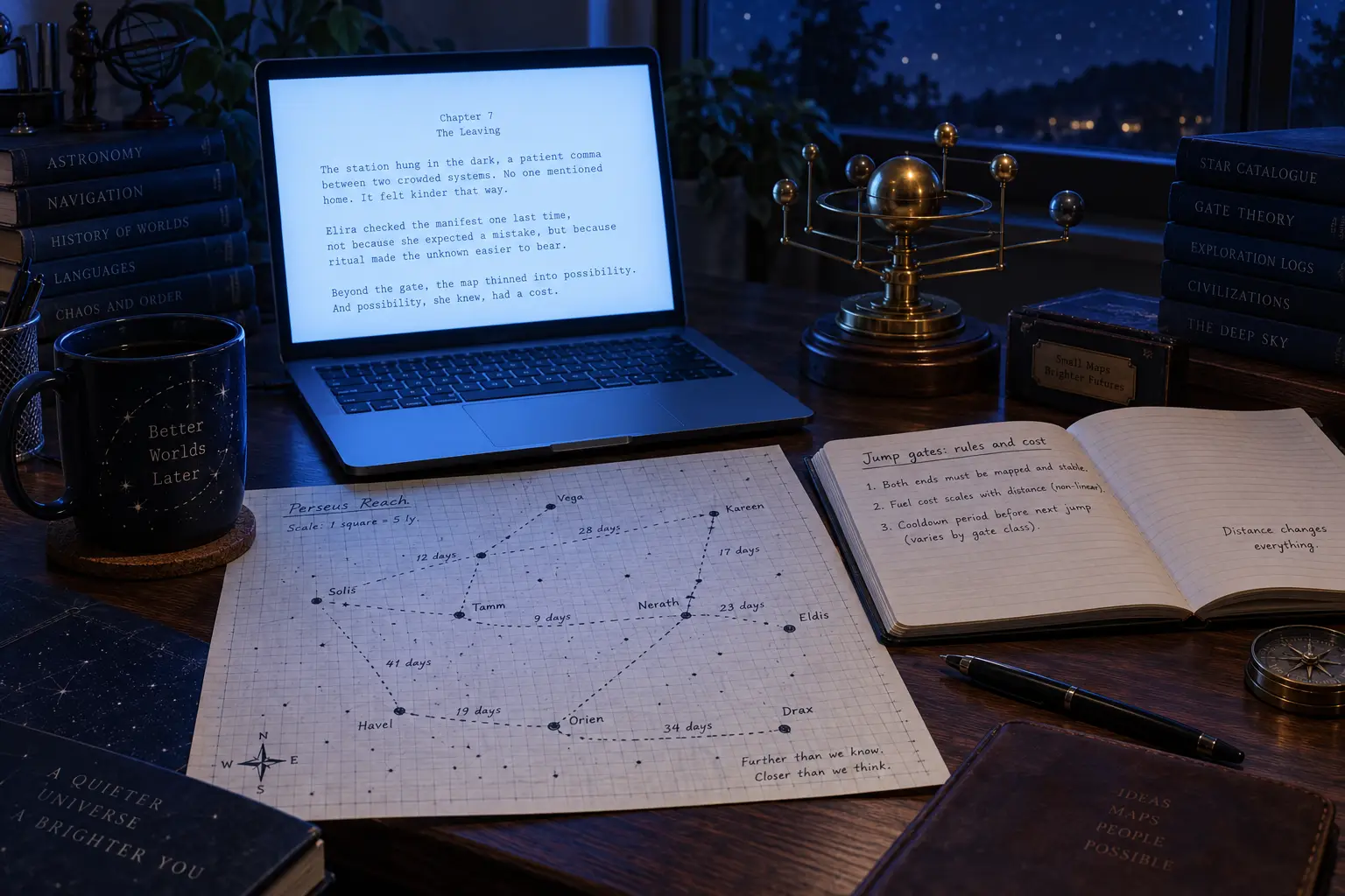 A writing desk at night with a laptop showing a manuscript, a hand-drawn star map on graph paper with jump routes and travel times in days, a notebook open to a page headed Jump gates: rules and cost, a brass orrery and a mug, lit cool blue from the screen