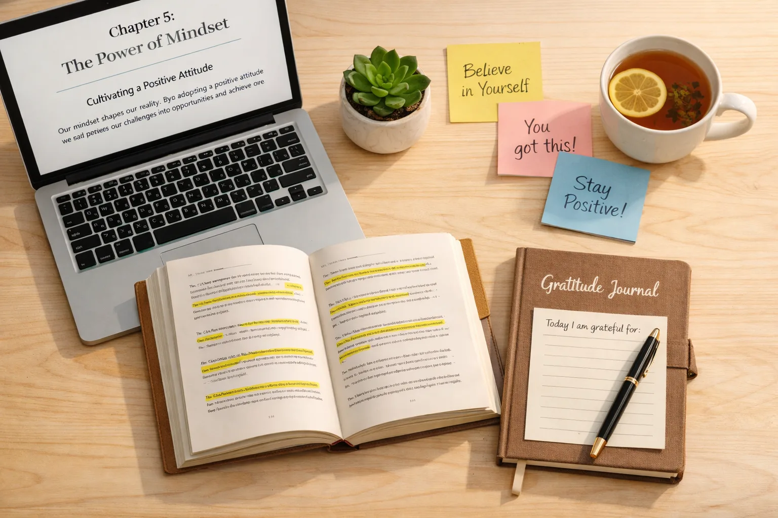 Self-help book manuscript open on a bright desk with a gratitude journal, motivational sticky notes, and a laptop showing chapter outlines