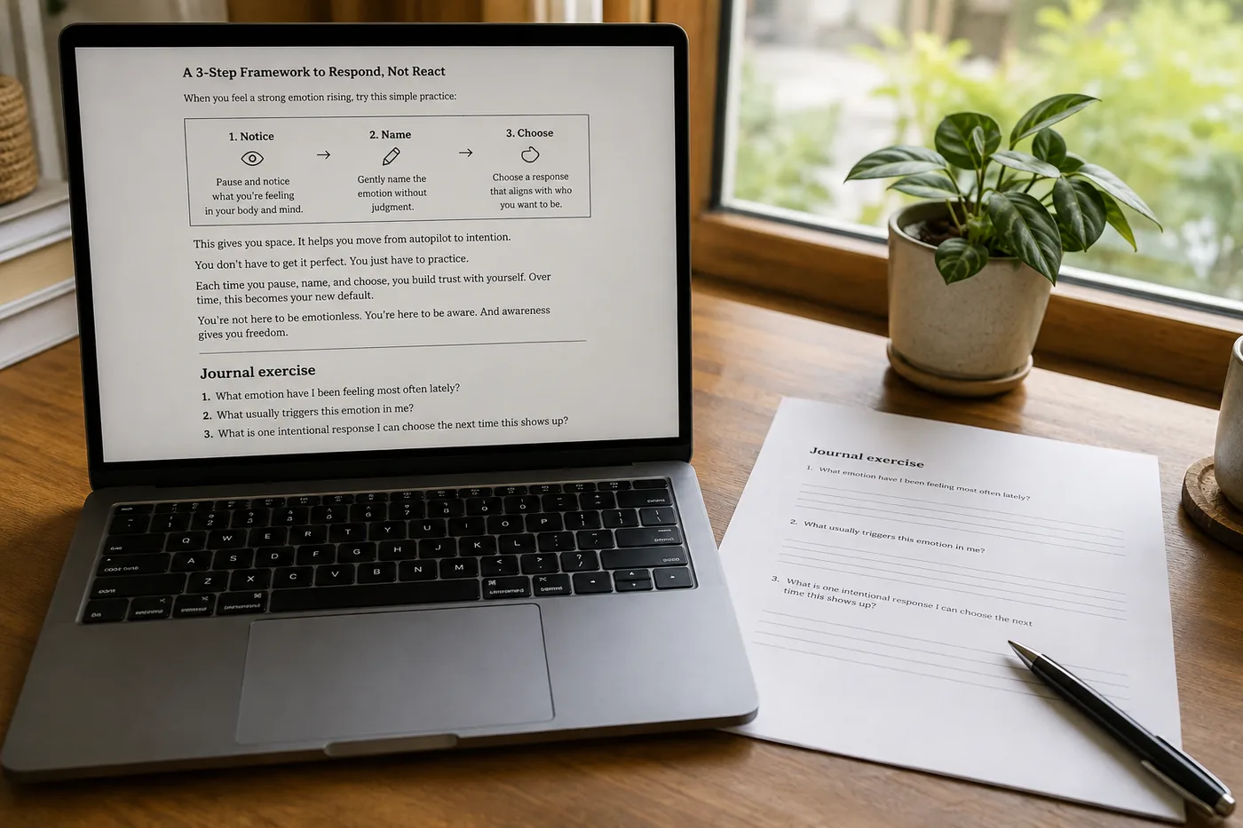 A laptop screen showing a self-help chapter ending in a journaling exercise and a three-step framework, beside a printed worksheet.