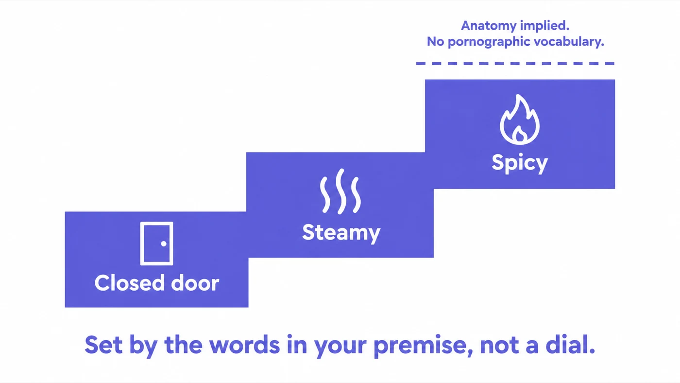 Infographic of three heat registers as a rising staircase labelled closed door, steamy and spicy, with a ceiling line above the top step labelled anatomy implied, no pornographic vocabulary, and a caption reading set by your premise, not a dial