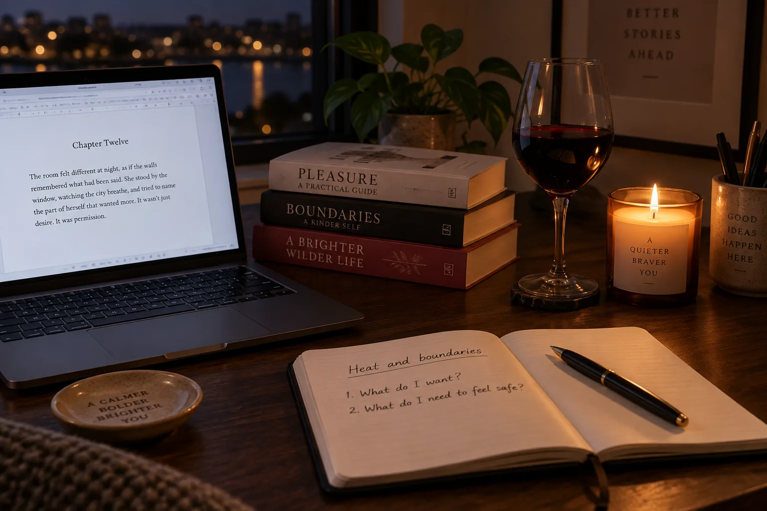 A late-evening writing desk with a laptop showing a romance manuscript, a stack of paperbacks with typographic covers, a glass of red wine, a lit candle and a notebook open to a page headed heat and boundaries