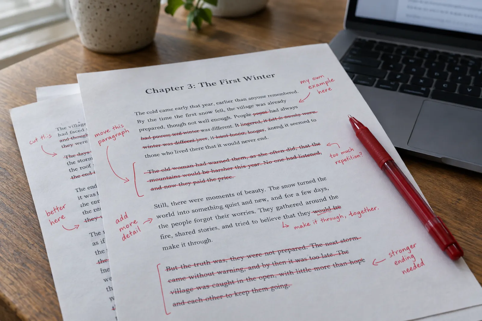 A printed manuscript page headed Chapter 3: The First Winter, heavily edited in red pen with sentences crossed out, new sentences in the margins, an arrow moving a paragraph, and a margin note reading my own example here