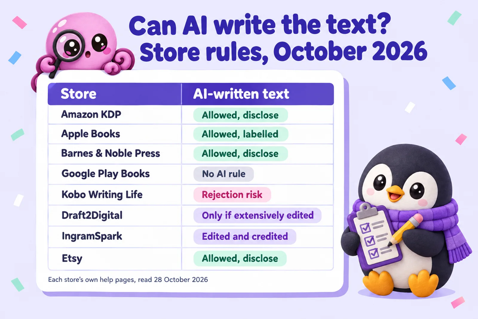 Infographic titled Can AI write the text? Store rules, October 2026, listing Amazon KDP allowed disclose, Apple Books allowed labelled, Barnes and Noble Press allowed disclose, Google Play Books no AI rule, Kobo Writing Life rejection risk, Draft2Digital only if extensively edited, IngramSpark edited and credited, Etsy allowed disclose