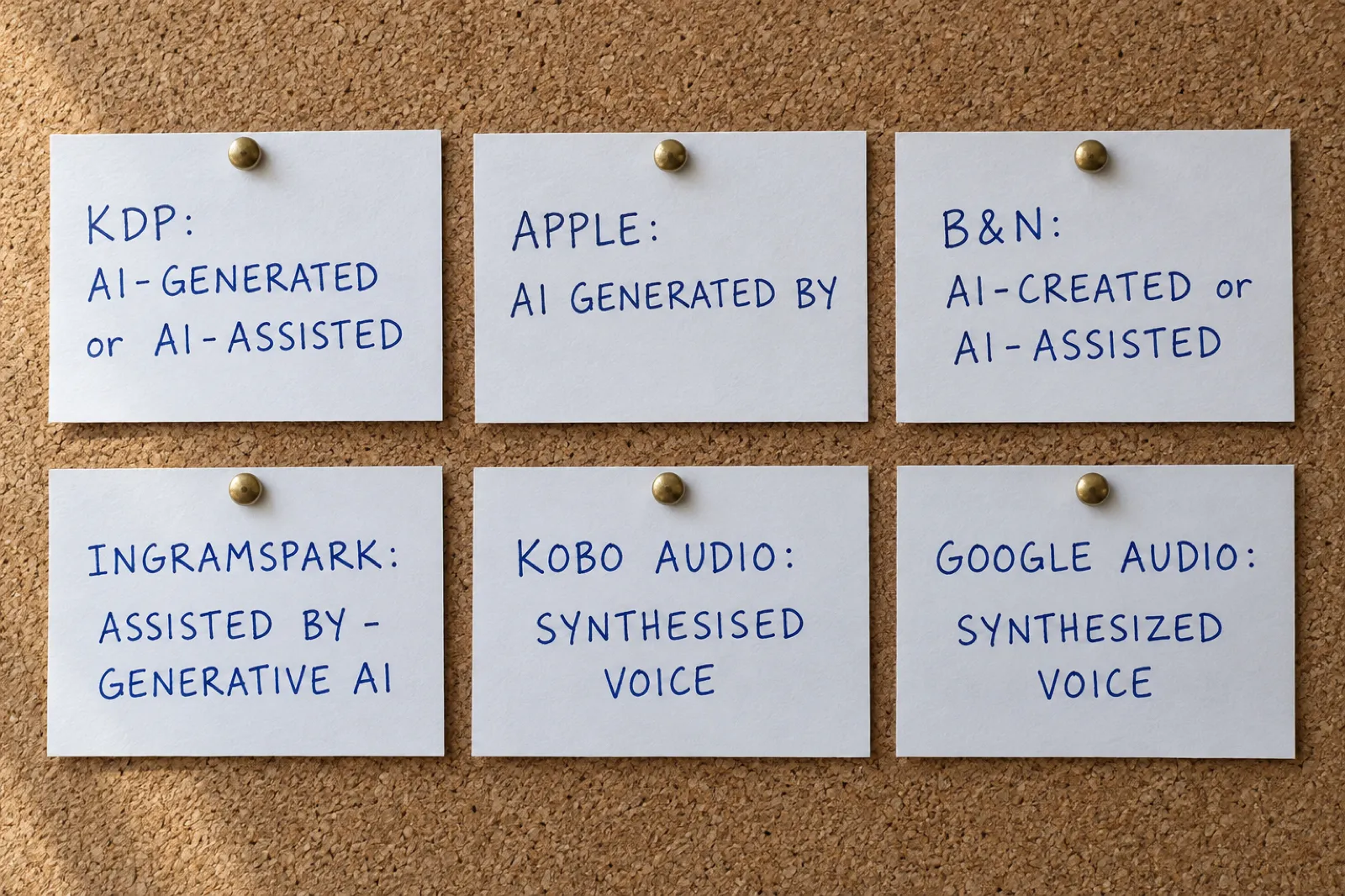 Six handwritten index cards pinned to a cork board reading KDP: AI-generated or AI-assisted; Apple: AI Generated by; B and N: AI-Created or AI-Assisted; IngramSpark: Assisted By - Generative AI; Kobo audio: Synthesised voice; Google audio: Synthesized voice