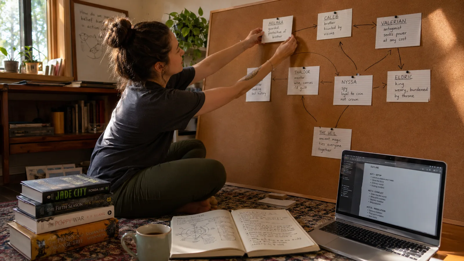 Novelist sitting cross-legged on a rug pinning hand-written character cards to a cork board, with names like Selina, Caleb, Valerian, and Eldric connected by arrows; open notebook, fantasy paperbacks, ceramic mug, and laptop showing an outline beside her.