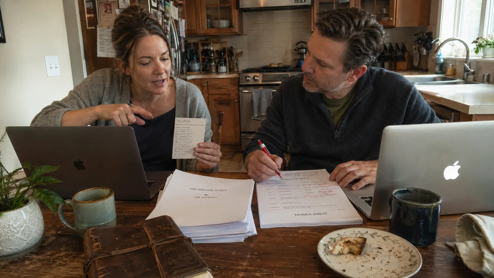 Novelist couple at their kitchen table working through a story bible together. Woman holds a printed character card while gesturing at her laptop, man has a red pen in hand annotating a stack of manuscript pages. Two open laptops, ceramic coffee mugs, leather-bound notebook on a worn wooden table.